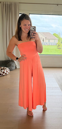 The Tropical Strapless Flare Jumpsuit